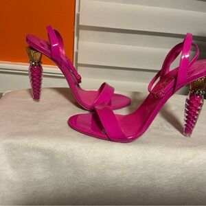 Hot Pink Women's High Heel Sandals with Sculpted Gold-Tip Heel